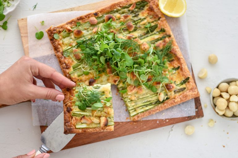 Asparagus, macadamias and Gruyere tart