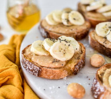 Salted macadamia butter, banana and honey crostinis recipe